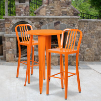 Flash Furniture CH-51080BH-2-30VRT-OR-GG 24" Round Metal Bar Table Set with 2 Vertical Slat Back Barstools in Orange